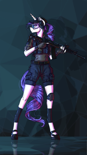 Size: 1500x2667 | Tagged: safe, artist:madhotaru, derpibooru import, rarity, anthro, image, png, solo, weapon