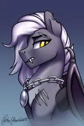 Size: 2000x3000 | Tagged: safe, artist:jedayskayvoker, derpibooru import, oc, oc:nocturnal sword, bat pony, pony, bat pony oc, bat wings, bust, chains, fangs, folded wings, gradient background, icon, image, long mane, long mane male, male, patreon, patreon reward, png, portrait, scar, serious, serious face, slit pupils, solo, stallion, torn ear, wings