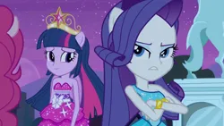 Size: 3072x1727 | Tagged: safe, derpibooru import, screencap, pinkie pie, rarity, twilight sparkle, human, equestria girls, equestria girls (movie), bare shoulders, big crown thingy, crossed arms, duo focus, element of magic, fall formal outfits, female, image, jewelry, jpeg, night, offscreen character, ponied up, regalia, sleeveless, smiling, statue, strapless, twilight ball dress