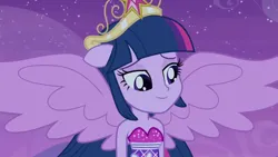 Size: 3072x1727 | Tagged: safe, derpibooru import, screencap, twilight sparkle, human, equestria girls, equestria girls (movie), bare shoulders, big crown thingy, element of magic, fall formal outfits, female, image, jewelry, jpeg, night, ponied up, regalia, sleeveless, smiling, solo, spread wings, strapless, twilight ball dress, wings