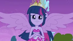 Size: 3072x1727 | Tagged: safe, derpibooru import, screencap, twilight sparkle, human, equestria girls, equestria girls (movie), bare shoulders, big crown thingy, crying, element of magic, fall formal outfits, female, image, jewelry, jpeg, night, ponied up, regalia, sleeveless, smiling, solo, spread wings, statue, strapless, tears of joy, twilight ball dress, wings