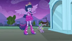 Size: 3072x1727 | Tagged: safe, derpibooru import, screencap, spike, twilight sparkle, dog, human, equestria girls, equestria girls (movie), bare shoulders, big crown thingy, boots, clothes, duo, duo male and female, element of magic, fall formal outfits, female, image, jewelry, jpeg, male, night, ponied up, regalia, shoes, sleeveless, smiling, spike the dog, spread wings, statue, strapless, twilight ball dress, wings