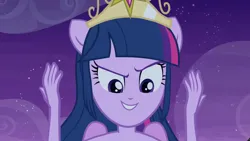 Size: 3072x1727 | Tagged: safe, derpibooru import, screencap, twilight sparkle, human, equestria girls, equestria girls (movie), bare shoulders, big crown thingy, element of magic, fall formal outfits, female, image, jewelry, jpeg, night, ponied up, regalia, sleeveless, smiling, solo, spread wings, strapless, wings