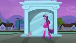 Size: 3072x1727 | Tagged: safe, derpibooru import, screencap, spike, twilight sparkle, dog, human, equestria girls, equestria girls (movie), bare shoulders, big crown thingy, boots, clothes, duo, duo male and female, element of magic, eyes closed, fall formal outfits, female, image, jewelry, jpeg, male, night, open mouth, open smile, ponied up, regalia, shoes, sleeveless, smiling, spike the dog, spread wings, statue, strapless, twilight ball dress, wings