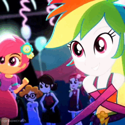 Size: 576x576 | Tagged: safe, derpibooru import, edit, edited screencap, screencap, sound edit, apple bloom, applejack, golden hazel, rainbow dash, roseluck, scootaloo, scribble dee, sophisticata, sweet leaf, teddy t. touchdown, human, eqg summertime shorts, equestria girls, raise this roof, animated, apple bloom's bow, background human, balloon, bare shoulders, belt, blinking, boots, bow, breakdancing, canterlot high, clothes, cowboy boots, cowboy hat, cutie mark, cutie mark on clothes, dancing, devil horn (gesture), fall formal outfits, female, frown, grin, hair bow, hand on hip, hat, image, male, night, open mouth, open smile, shoes, sleeveless, smiling, smirk, solo focus, speaker, strapless, tiktok, webm