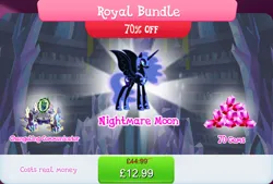 Size: 1269x856 | Tagged: safe, derpibooru import, official, nightmare moon, queen chrysalis, alicorn, pony, bundle, costs real money, english, ethereal mane, eyeshadow, female, gameloft, gem, helmet, horn, image, jewelry, jpeg, makeup, mare, mobile game, my little pony: magic princess, numbers, regalia, sale, solo, solo focus, spread wings, text, throne, wings