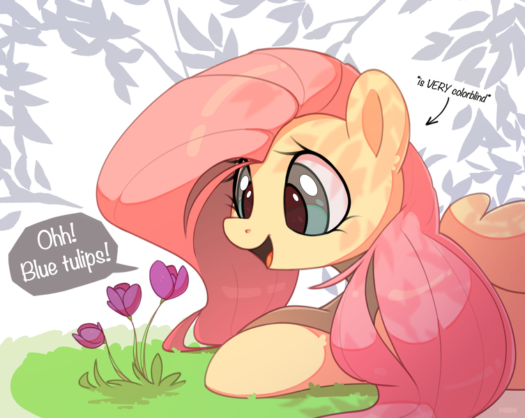 Size: 2715x2162 | Tagged: safe, artist:nookprint, derpibooru import, fluttershy, pegasus, pony, cute, dialogue, female, flower, image, mare, open mouth, open smile, png, shyabetes, smiling, solo, speech bubble, tulip