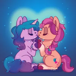 Size: 2000x2000 | Tagged: safe, artist:lionbun, derpibooru import, izzy moonbow, sunny starscout, earth pony, unicorn, blushing, chibi, commission, commissioner:raritybro, cute, female, g5, image, izzyscout, kissing, lesbian, png, ship, shipping, ych result