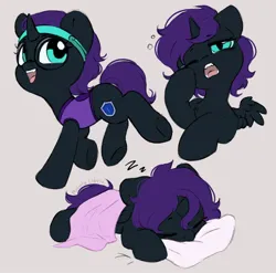 Size: 1070x1058 | Tagged: safe, artist:melodylibris, derpibooru import, oc, oc:nyx, unofficial characters only, alicorn, pony, alicorn oc, blanket, clothes, cute, female, filly, foal, glasses, gray background, headband, horn, image, jpeg, lying down, ocbetes, onomatopoeia, open mouth, open smile, pillow, prone, round glasses, simple background, sleeping, sleepy, smiling, solo, sound effects, vest, wings, yawn, zzz