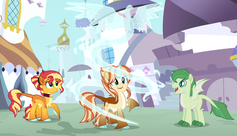 Size: 3558x2040 | Tagged: safe, artist:pastelnightyt, derpibooru import, sunset shimmer, oc, oc:azurlite, oc:sunfire, dracony, dragon, hybrid, pony, unicorn, base used, image, interspecies offspring, magic, offspring, parent:fire streak, parent:rarity, parent:spike, parent:sunset shimmer, parents:sparity, parents:sunsetstreak, png