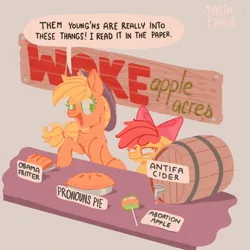 Size: 2048x2048 | Tagged: safe, artist:pastacrylic, derpibooru import, apple bloom, applejack, earth pony, pony, abortion, annoyed, apple, apple pie, barrel, chest fluff, cider, cringing, dialogue, food, fritter, happy, image, jpeg, open mouth, open smile, pie, politics, smiling