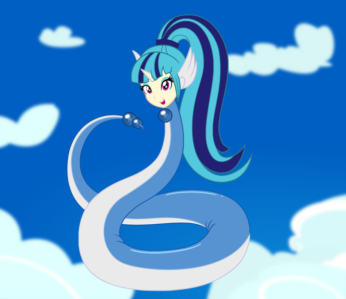 Size: 3399x2937 | Tagged: safe, artist:badumsquish, derpibooru import, sonata dusk, dragonair, human, monster girl, snake, equestria girls, beads, cloud, derpibooru exclusive, female, floating, happy, horn, human head, image, levitation, long tail, looking at you, magic, open mouth, png, pokefied, pokémon, ponytail, sky, solo, species swap, tail, telekinesis, wing ears, wings