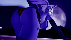 Size: 3840x2160 | Tagged: suggestive, artist:themanwithaquest, derpibooru import, princess luna, alicorn, anthro, plantigrade anthro, 3d, bedroom eyes, breasts, busty princess luna, butt, clothes, gloves, image, lace underwear, leaning, long gloves, looking at you, looking back, looking back at you, moon, moonbutt, night, panties, partial nudity, png, praise the moon, raised tail, socks, solo, source filmmaker, stockings, tail, thigh highs, topless, underboob, underwear