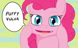 Size: 1156x720 | Tagged: suggestive, artist:jargon scott, derpibooru import, pinkie pie, earth pony, pony, abstract background, bust, close-up, dialogue, female, hoof on cheek, image, jpeg, looking at you, mare, solo, speech bubble, squishy cheeks, talking to viewer