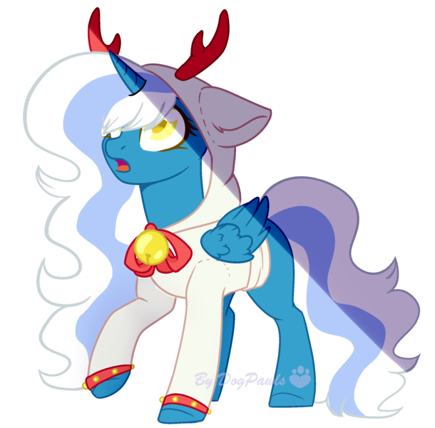 Size: 2121x2086 | Tagged: safe, artist:dogpawls, derpibooru import, oc, oc:fleurbelle, unofficial characters only, alicorn, pony, alicorn oc, antlers, bell, bow, clothes, female, horn, image, jacket, jingle bells, mare, png, reindeer antlers, simple background, solo, transparent background, watermark, wings, yellow eyes