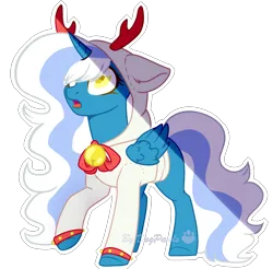 Size: 2121x2086 | Tagged: safe, artist:dogpawls, derpibooru import, oc, oc:fleurbelle, unofficial characters only, alicorn, pony, alicorn oc, antlers, bell, bow, clothes, female, horn, image, jacket, jingle bells, mare, png, reindeer antlers, simple background, solo, transparent background, watermark, wings, yellow eyes