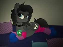 Size: 4032x3016 | Tagged: safe, artist:rainbowšpekgs, derpibooru import, oc, oc:eklipse, oc:poni, unofficial characters only, pegasus, pony, bed, bedroom eyes, choker, clothes, image, looking at you, lying, lying down, on bed, pillow, plushie, png, prone, socks