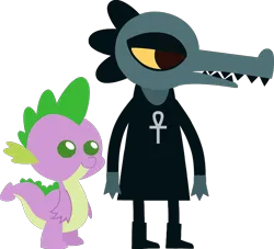 Size: 2970x2697 | Tagged: safe, artist:ponygamer2020, derpibooru import, spike, anthro, crocodile, dragon, pony, ankh, beatrice santello, beatrike, clothes, crossover, crossover shipping, duo, female, image, male, night in the woods, png, pointy ponies, shipping, shirt, simple background, straight, style emulation, transparent background, vector