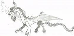 Size: 1024x506 | Tagged: safe, derpibooru import, oc, oc:deinos, unofficial characters only, draconequus, antlers, beard, draconequus oc, facial hair, fangs, horn, image, jpeg, oc villain, pencil drawing, prehistoric, traditional art, tusk, wings