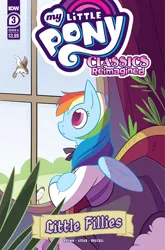 Size: 2063x3131 | Tagged: safe, derpibooru import, idw, rainbow dash, bird, pegasus, pony, chair, clothes, comic cover, curtains, dress, image, little fillies, little women, my little pony classics reimagined: little fillies, official comic, plant, png, window