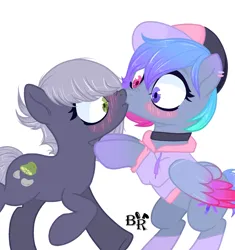 Size: 2500x2662 | Tagged: safe, artist:blackkkrabbit, derpibooru import, limestone pie, oc, oc:galaxy (pegasus), earth pony, pegasus, pony, baseball cap, bipedal, blushing, canon x oc, cap, choker, clothes, commission, duo, ear piercing, earring, female, galastone, hat, heterochromia, hoodie, image, jewelry, kiss on the lips, kissing, lesbian, looking at each other, looking at someone, mare, piercing, png, raised hoof, shipping, simple background, socks, white background, ych result