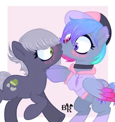 Size: 2500x2662 | Tagged: safe, alternate version, artist:blackkkrabbit, derpibooru import, limestone pie, oc, oc:galaxy (pegasus), earth pony, pegasus, pony, baseball cap, bipedal, blushing, canon x oc, cap, choker, clothes, commission, duo, ear piercing, earring, female, galastone, hat, heterochromia, hoodie, image, jewelry, kiss on the lips, kissing, lesbian, looking at each other, looking at someone, mare, piercing, png, raised hoof, shipping, socks, ych result