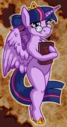 Size: 1280x2406 | Tagged: safe, artist:grumpygriffcreation, derpibooru import, twilight sparkle, twilight sparkle (alicorn), alicorn, semi-anthro, book, glasses, image, jpeg, solo