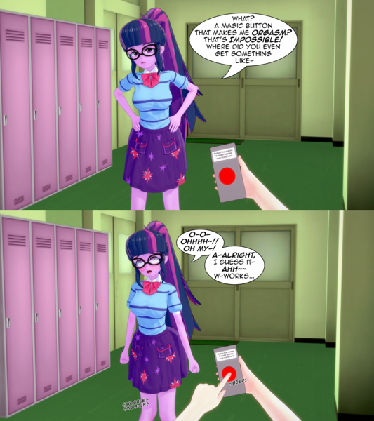 Size: 3840x4320 | Tagged: questionable, artist:misunderstoodsecrets, derpibooru import, twilight sparkle, human, equestria girls, 2 panel comic, 3d, bdsm, breasts, busty twilight sparkle, comic, cum button, forced orgasm, image, koikatsu, orgasm, png, remote, sex toy, talking to viewer