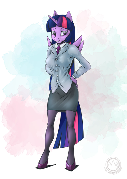 Size: 2171x3070 | Tagged: safe, artist:mysticalpha, derpibooru import, twilight sparkle, twilight sparkle (alicorn), alicorn, anthro, pony, unguligrade anthro, breasts, business suit, businessmare, busty twilight sparkle, clothes, female, grin, hand on hip, image, mare, necktie, pantyhose, png, skirt, skirt suit, smiling, solo, suit