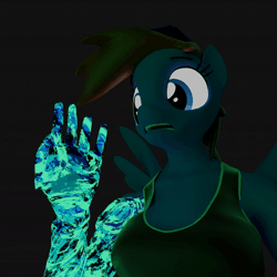 Size: 600x600 | Tagged: safe, artist:kamimation, derpibooru import, oc, oc:kam pastel, anthro, pegasus, 3d, amputee, animated, blender, breasts, clothes, disintegration, gif, glow, glowing eyes, hat, image, particles, prosthetic limb, prosthetics, solo, spread wings, wings, worried