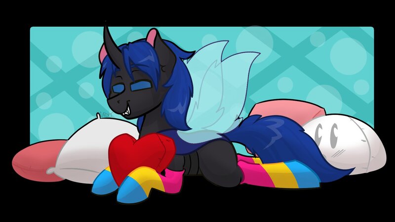 Size: 1583x891 | Tagged: safe, artist:cadetredshirt, derpibooru import, oc, changeling, pony, blue eyes, blue mane, blue tail, blushing, changeling oc, clothes, commission, digital art, fangs, heart, heart pillow, horn, hug, image, insect wings, jpeg, lying down, male, pansexual pride flag, pillow, pillow hug, pride, pride flag, prone, simple background, smiling, smirk, socks, solo, spread wings, stallion, stallion oc, tail, wings, ych result