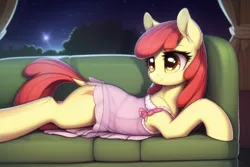 Size: 768x512 | Tagged: safe, derpibooru import, machine learning generated, novelai, stable diffusion, apple bloom, earth pony, pony, alternate cutie mark, clothes, couch, dock, female, image, looking back, lying down, mare, missing accessory, night, nightgown, older, older apple bloom, png, prone, see-through, solo, sploot, tail