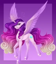 Size: 2536x2857 | Tagged: safe, artist:ouijaa, derpibooru import, princess cadance, alicorn, abstract background, alternate design, beautiful, coat markings, colored belly, colored wings, concave belly, curly hair, curly mane, curly tail, ethereal mane, ethereal tail, eye clipping through hair, eye reflection, eyelashes, facial markings, female, floppy ears, gradient background, gradient hair, gradient hooves, gradient mane, gradient tail, gradient wings, grin, heart mark, high res, hooves, image, lightly watermarked, long mane, long tail, looking at you, looking up, older, older princess cadance, pale belly, png, purple background, purple eyes, raised hoof, raised leg, redesign, reflection, signature, simple background, slim, smiling, smiling at you, solo, solo female, spread wings, tail, tall, thin, three quarter view, wall of tags, watermark, wings