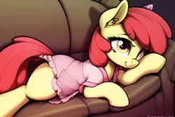 Size: 768x512 | Tagged: safe, derpibooru import, machine learning generated, novelai, stable diffusion, apple bloom, earth pony, pony, clothes, couch, error, female, filly, foal, image, lying down, missing accessory, nightgown, png, side, solo