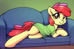 Size: 768x512 | Tagged: safe, derpibooru import, machine learning generated, novelai, stable diffusion, apple bloom, earth pony, pony, couch, female, green shirt, image, looking at you, lying down, mare, missing accessory, nightshirt, older, older apple bloom, png, side, solo