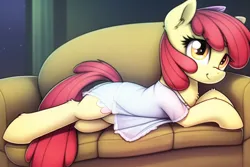 Size: 768x512 | Tagged: safe, derpibooru import, machine learning generated, novelai, stable diffusion, apple bloom, earth pony, pony, clothes, couch, female, image, looking up, lying down, mare, missing accessory, night, nightgown, older, older apple bloom, png, see-through, side, solo