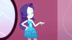 Size: 3072x1727 | Tagged: safe, derpibooru import, screencap, rarity, human, eqg summertime shorts, equestria girls, make up shake up, bare shoulders, bracelet, eyes closed, fall formal outfits, female, image, jewelry, jpeg, mirror, sleeveless, smiling, solo