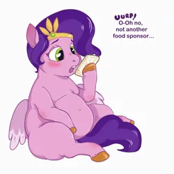 Size: 1280x1280 | Tagged: safe, artist:aristide, derpibooru import, pipp petals, pegasus, pony, adipipp, belly, big belly, blushing, burp, fat, female, g5, image, jewelry, jpeg, mare, mobile phone, phone, simple background, sitting, smartphone, solo, text, tiara, white background