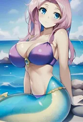 Size: 1558x2288 | Tagged: suggestive, derpibooru import, editor:sammykun, machine learning generated, novelai, stable diffusion, fluttershy, human, mermaid, equestria girls, bare shoulders, beautiful, bikini, bikini top, breasts, clothes, female, fins, fish tail, gem, high res, humanized, humanoid, image, jpeg, looking at you, mermaid tail, midriff, prompter:sammykun, reasonably sized breasts, rock, scales, sexy, sitting, sleeveless, smiling, solo, solo female, swimsuit, tail, water, wave