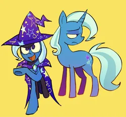 Size: 1190x1109 | Tagged: safe, artist:pichepata, derpibooru import, trixie, pony, unicorn, cape, clothes, female, frown, hat, image, lidded eyes, mare, open mouth, open smile, png, raised hoof, simple background, smiling, solo, tail, trixie's cape, trixie's hat, underhoof, yellow background