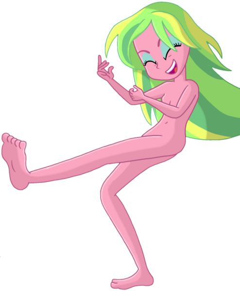 Size: 1439x1748 | Tagged: suggestive, artist:justsomepainter11, derpibooru import, edit, lemon zest, human, equestria girls, air guitar, barefoot, belly button, breasts, complete nudity, dancing, eyes closed, feet, female, full body, image, nudity, open mouth, open smile, png, show accurate, simple background, smiling, solo, solo female, strategically covered, transparent background