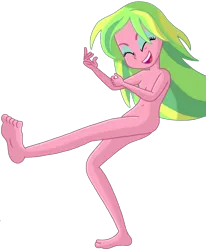 Size: 1439x1748 | Tagged: suggestive, artist:justsomepainter11, derpibooru import, edit, lemon zest, human, equestria girls, air guitar, barefoot, belly button, breasts, complete nudity, dancing, eyes closed, feet, female, full body, image, nudity, open mouth, open smile, png, show accurate, simple background, smiling, solo, solo female, strategically covered, transparent background