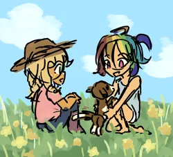 Size: 2200x2000 | Tagged: safe, artist:snowzaaah, derpibooru import, applejack, rainbow dash, winona, human, alternate hairstyle, appledash, childhood, doodle, female, grass, grass field, humanized, image, lesbian, png, shipping