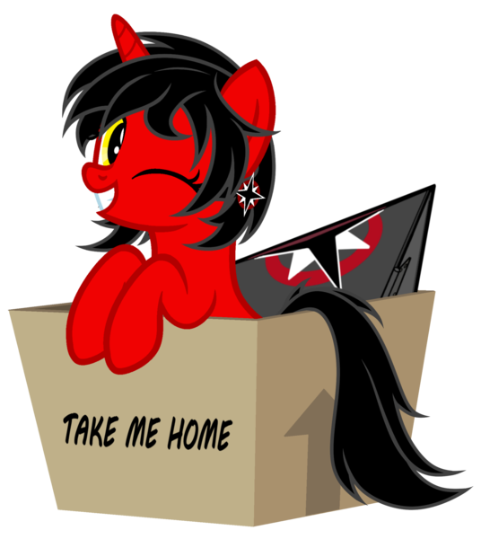 Size: 3426x3832 | Tagged: safe, artist:equestria secret guard, derpibooru import, oc, oc:dark star, oc:友谊领主暗星, unofficial characters only, pony, unicorn, box, female, helmet, horn, image, looking at you, mare, png, pony in a box, smiling, unicorn oc