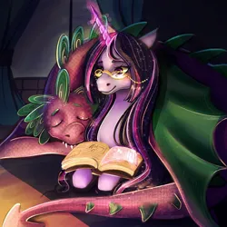 Size: 1024x1024 | Tagged: safe, artist:twiddletwum, derpibooru import, spike, twilight sparkle, twilight sparkle (alicorn), alicorn, dragon, pony, adult, adult spike, bedtime story, book, duo, duo male and female, female, glasses, hug, image, jpeg, lying down, male, mare, older, older spike, older twilight, prone, sleeping, smiling, wing blanket, winged spike, winghug, wings