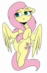 Size: 1282x2000 | Tagged: safe, artist:lockheart, derpibooru import, fluttershy, pegasus, pony, blushing, eye clipping through hair, eyebrows, eyebrows visible through hair, female, floppy ears, image, jpeg, lidded eyes, mare, simple background, solo, white background