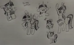 Size: 2193x1332 | Tagged: safe, artist:nootaz, derpibooru import, twilight sparkle, butterfly, insect, pony, unicorn, bag, book, eyes closed, floppy ears, food, french fries, happy, image, jpeg, looking at you, question mark, saddle bag, smiling, solo, traditional art, unamused, unicorn twilight
