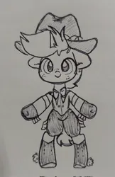 Size: 1329x2048 | Tagged: safe, artist:nootaz, derpibooru import, oc, oc:nootaz, pony, unicorn, bipedal, bowtie, clothes, cowboy hat, freckles, hat, image, jpeg, smiling, solo, traditional art