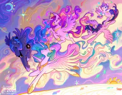 Size: 2048x1602 | Tagged: safe, artist:千雲九枭, derpibooru import, princess cadance, princess celestia, princess flurry heart, princess luna, twilight sparkle, twilight sparkle (alicorn), alicorn, pony, alicorn pentarchy, curved horn, eyes closed, flying, happy, heart, horn, image, jpeg, moon, smiling, spread wings, stars, sun, wings