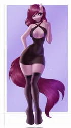 Size: 1147x2048 | Tagged: safe, artist:yutakira92, derpibooru import, oc, unofficial characters only, anthro, earth pony, unguligrade anthro, absolute cleavage, big breasts, black dress, breasts, cleavage, clothes, collar, dress, ear piercing, earring, image, jewelry, jpeg, lidded eyes, little black dress, looking at you, piercing, smiling, socks, solo, stockings, thigh highs